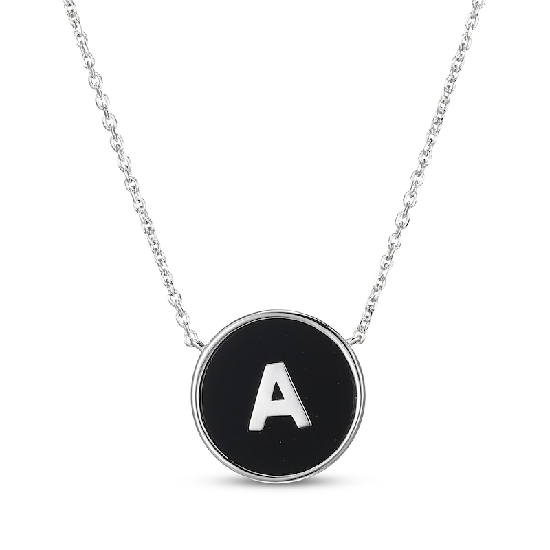 Main Image 1 of Black Agate Letter A Initial Disc Necklace Sterling Silver 18"
