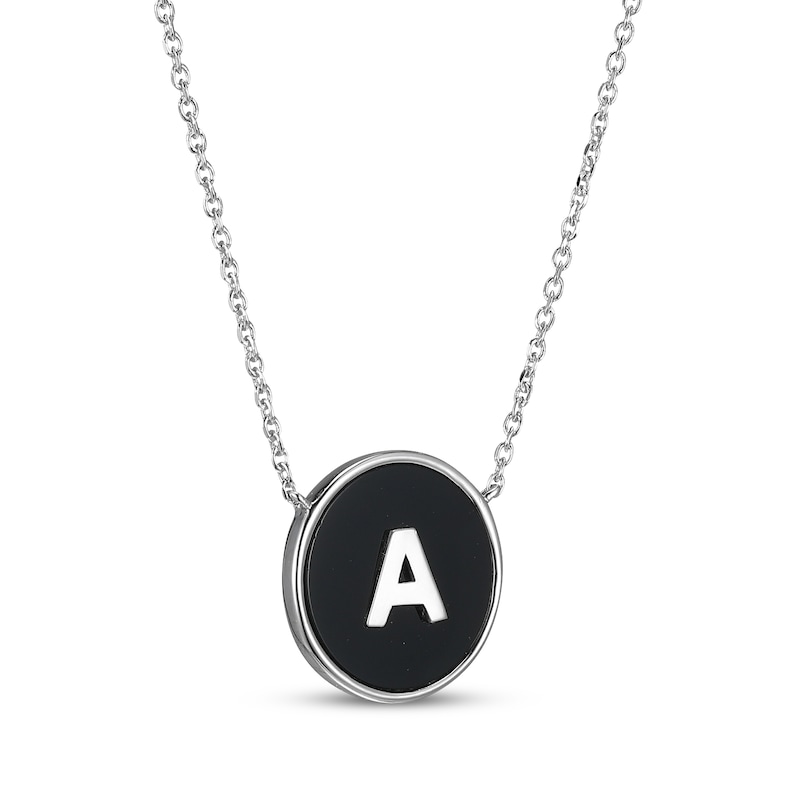 Main Image 2 of Black Agate Letter A Initial Disc Necklace Sterling Silver 18"