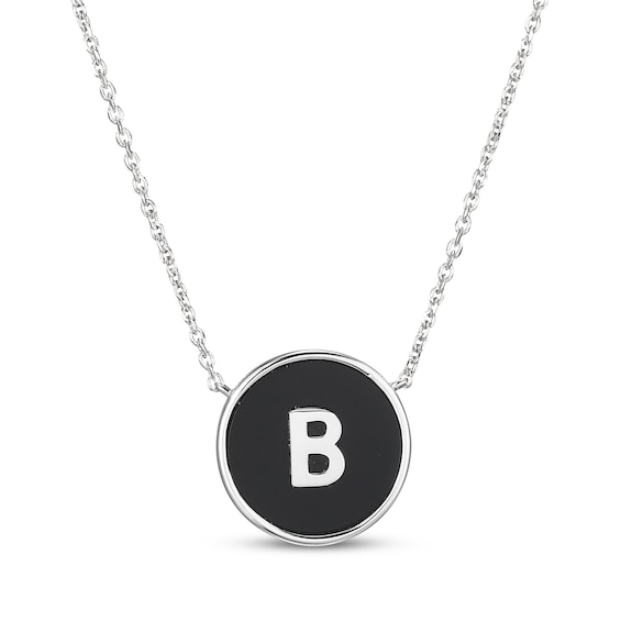 Black Agate Letter B Initial Disc Necklace Sterling Silver 18"