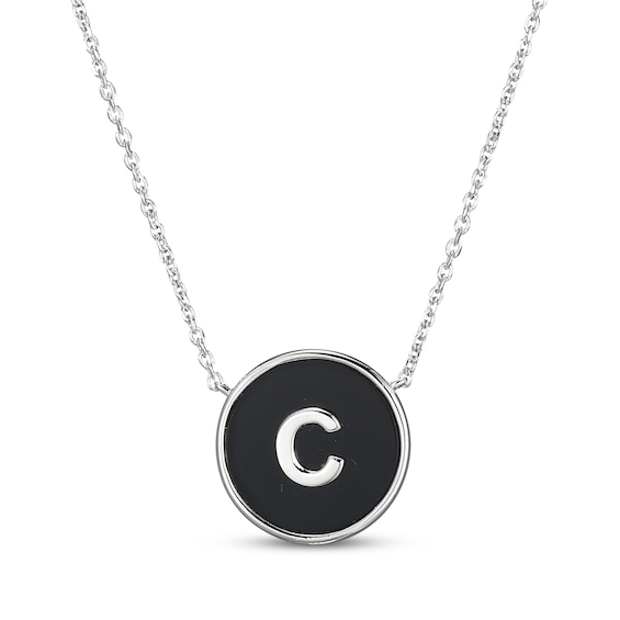 Black Agate Letter C Initial Disc Necklace Sterling Silver 18"