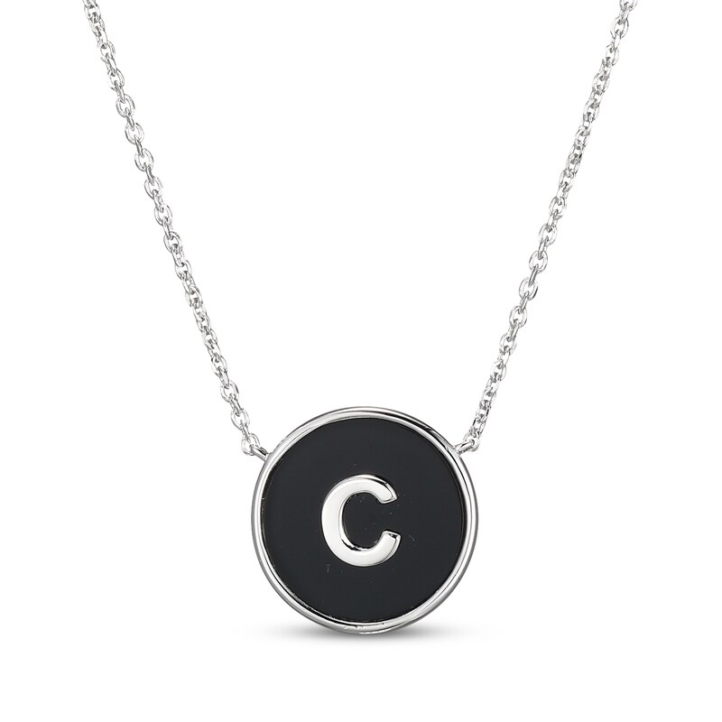 Main Image 1 of Black Agate Letter C Initial Disc Necklace Sterling Silver 18"