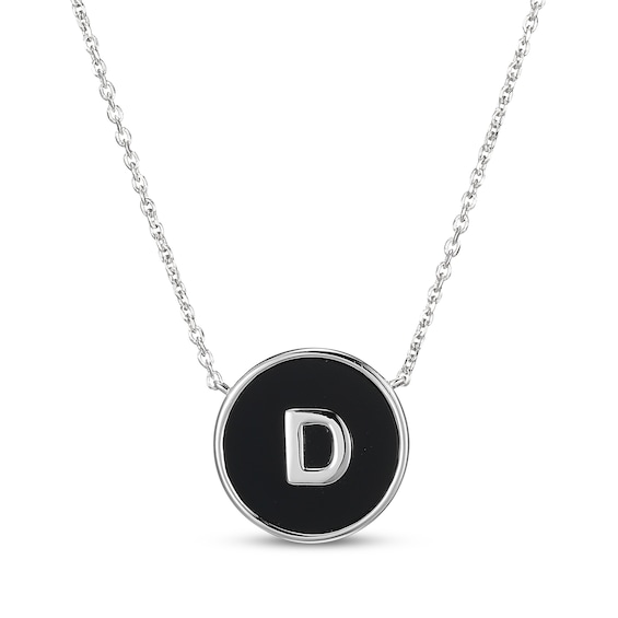 Black Agate Letter D Initial Disc Necklace Sterling Silver 18"