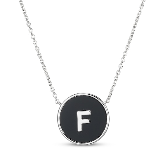 Black Agate Letter F Initial Disc Necklace Sterling Silver 18"