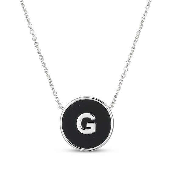 Black Agate Letter Initial Disc Necklace Sterling Silver 18