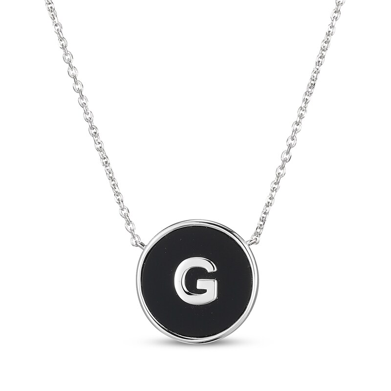 Main Image 1 of Black Agate Letter G Initial Disc Necklace Sterling Silver 18"