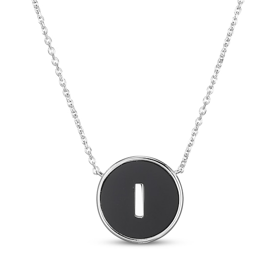 Black Agate Letter I Initial Disc Necklace Sterling Silver 18"