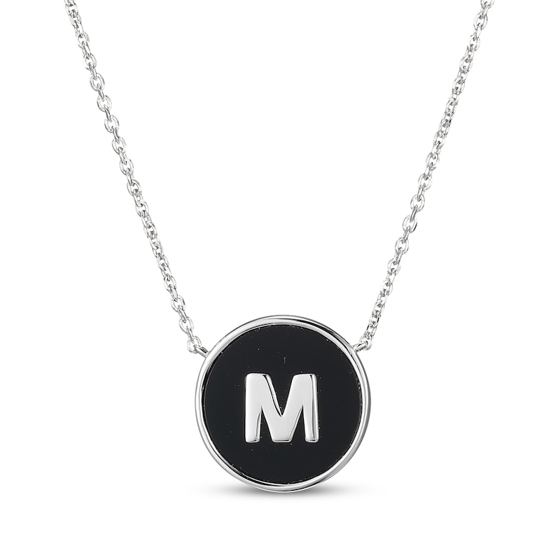 Main Image 1 of Black Agate Letter M Initial Disc Necklace Sterling Silver 18"