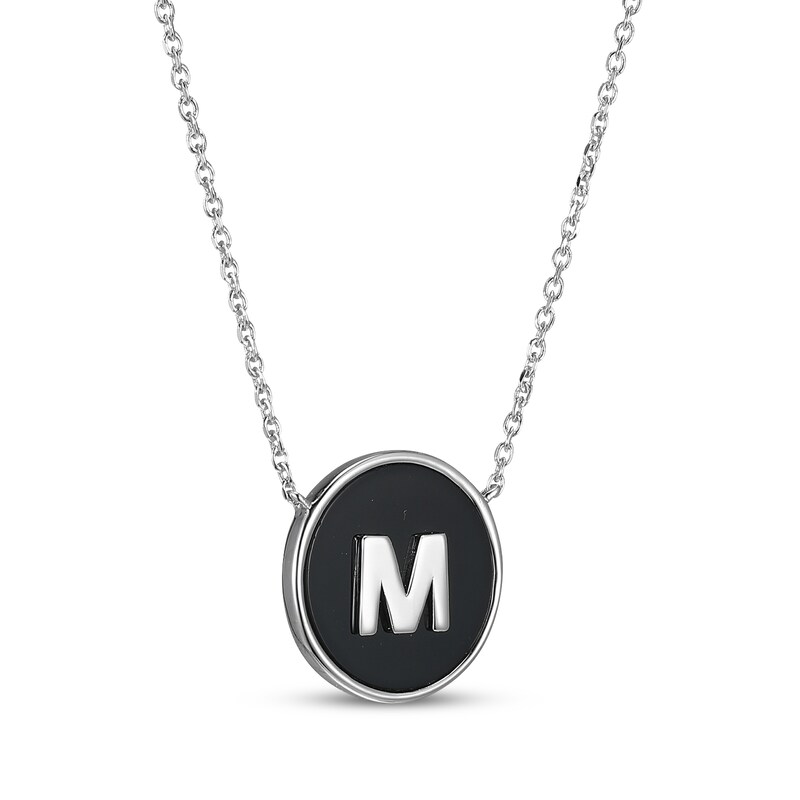 Main Image 2 of Black Agate Letter M Initial Disc Necklace Sterling Silver 18"