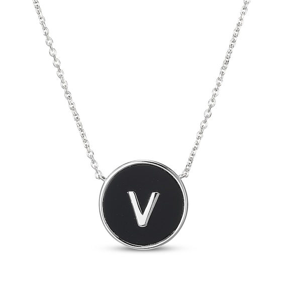 Black Agate Letter V Initial Disc Necklace Sterling Silver 18"
