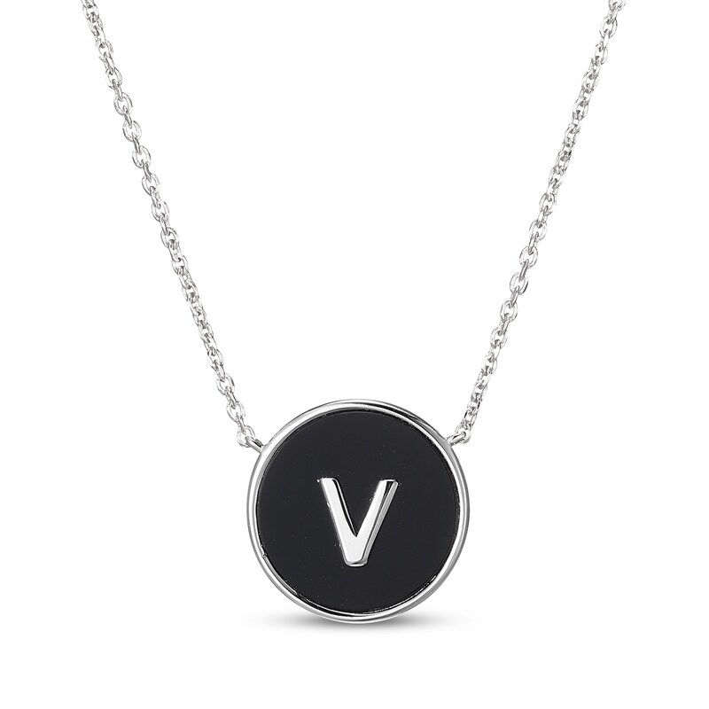 Main Image 1 of Black Agate Letter V Initial Disc Necklace Sterling Silver 18"
