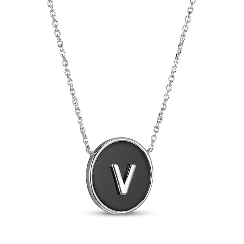 Main Image 2 of Black Agate Letter V Initial Disc Necklace Sterling Silver 18"