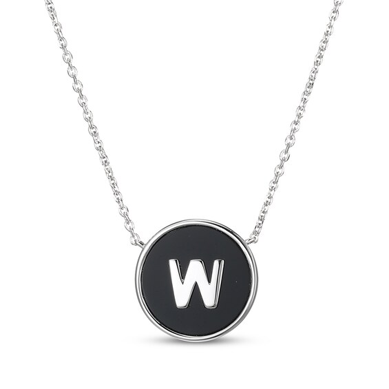 Black Agate Letter W Initial Disc Necklace Sterling Silver 18"