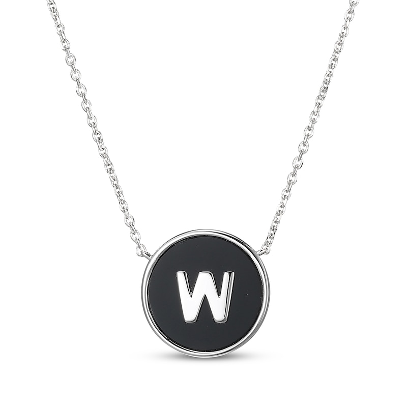 Main Image 1 of Black Agate Letter W Initial Disc Necklace Sterling Silver 18"