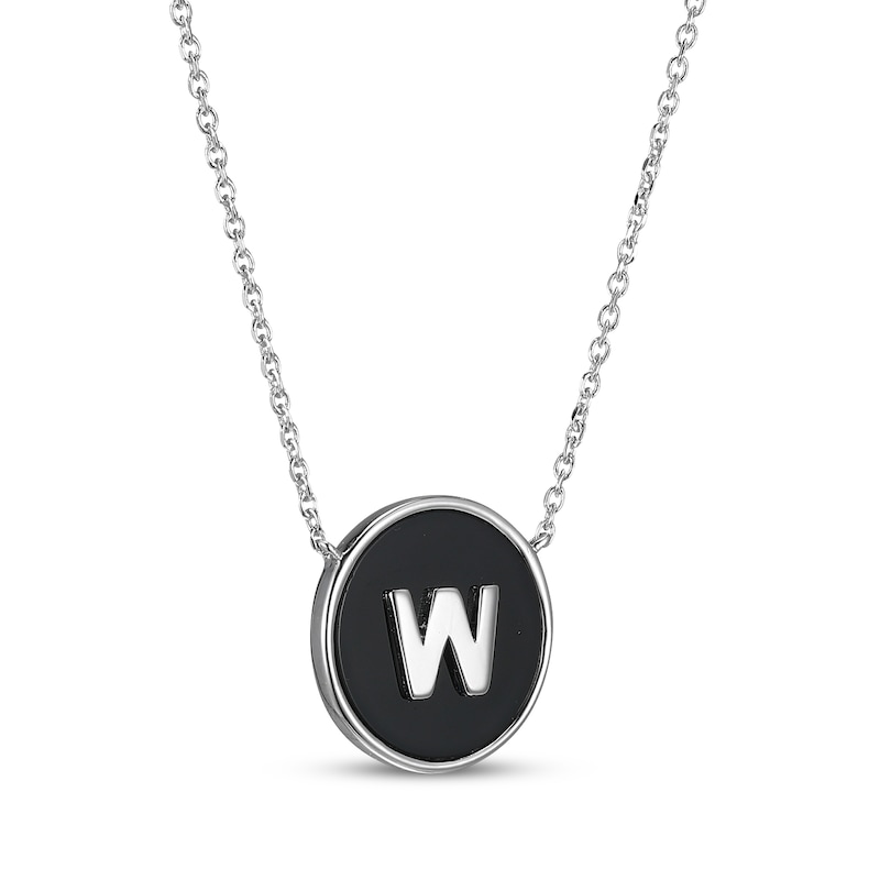 Main Image 2 of Black Agate Letter W Initial Disc Necklace Sterling Silver 18"