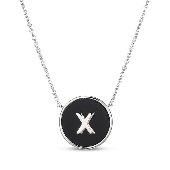 Black Agate Letter X Initial Disc Necklace Sterling Silver 18"