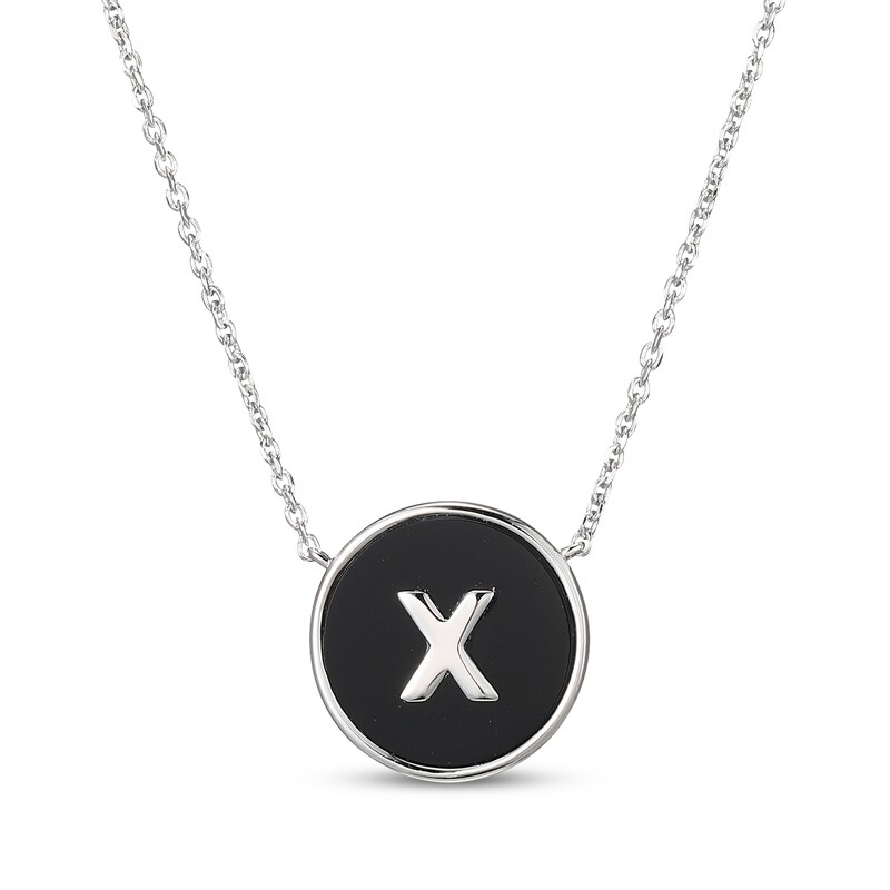 Main Image 1 of Black Agate Letter X Initial Disc Necklace Sterling Silver 18&quot;