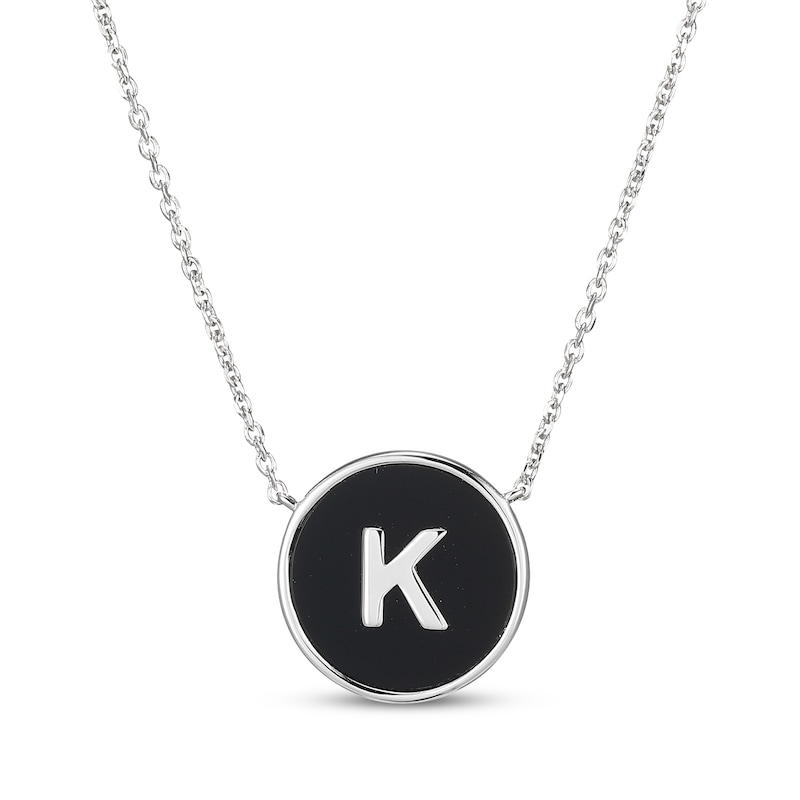 Main Image 1 of Black Agate Letter K Initial Disc Necklace Sterling Silver 18"
