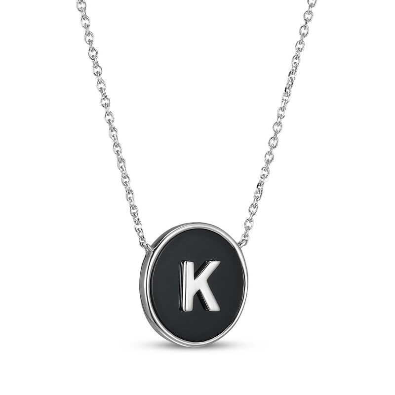 Main Image 2 of Black Agate Letter K Initial Disc Necklace Sterling Silver 18"