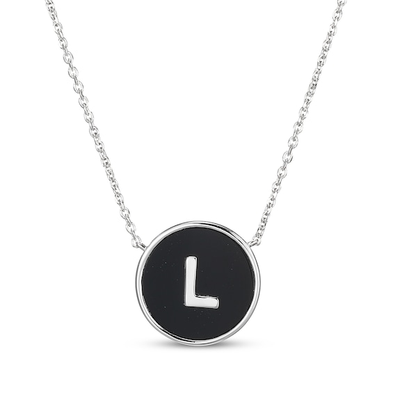 Black Agate Letter L Initial Disc Necklace Sterling Silver 18"