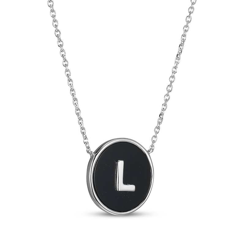 Main Image 2 of Black Agate Letter L Initial Disc Necklace Sterling Silver 18"