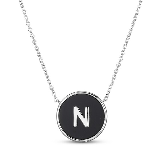 Black Agate Letter N Initial Disc Necklace Sterling Silver 18"