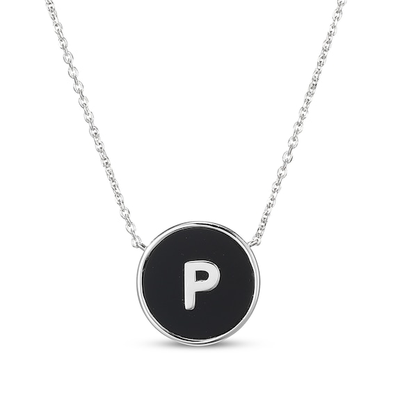 Black Agate Letter P Initial Disc Necklace Sterling Silver 18"