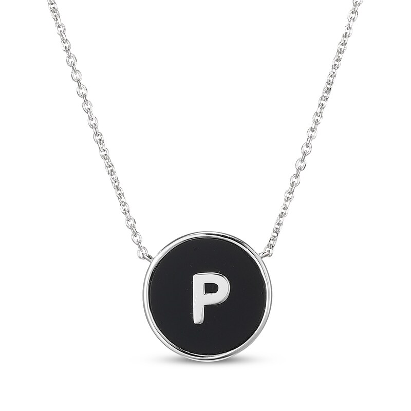 Main Image 1 of Black Agate Letter P Initial Disc Necklace Sterling Silver 18&quot;