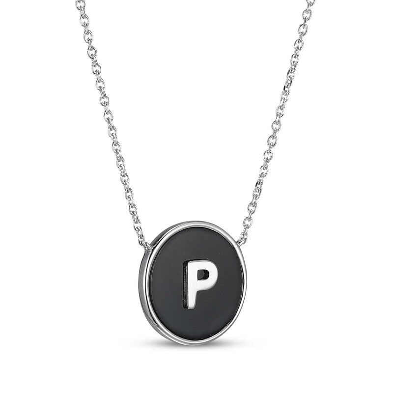Main Image 2 of Black Agate Letter P Initial Disc Necklace Sterling Silver 18&quot;