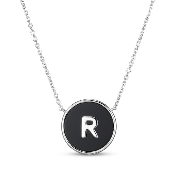 Black Agate Letter R Initial Disc Necklace Sterling Silver 18"