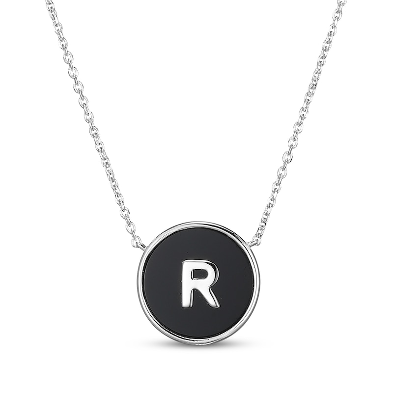 Main Image 1 of Black Agate Letter R Initial Disc Necklace Sterling Silver 18"