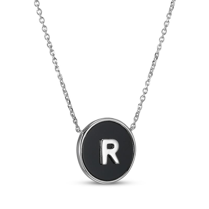 Main Image 2 of Black Agate Letter R Initial Disc Necklace Sterling Silver 18"