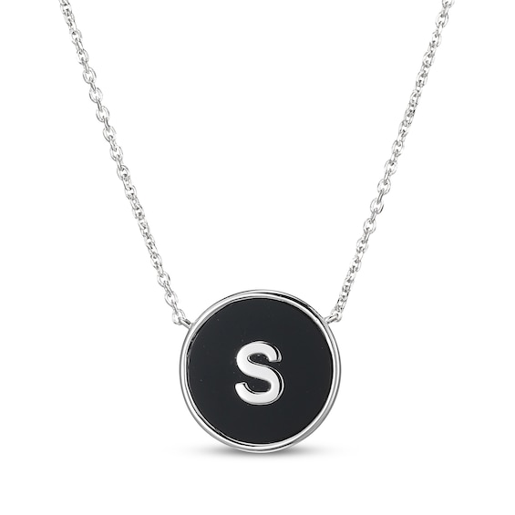 Black Agate Letter S Initial Disc Necklace Sterling Silver 18"