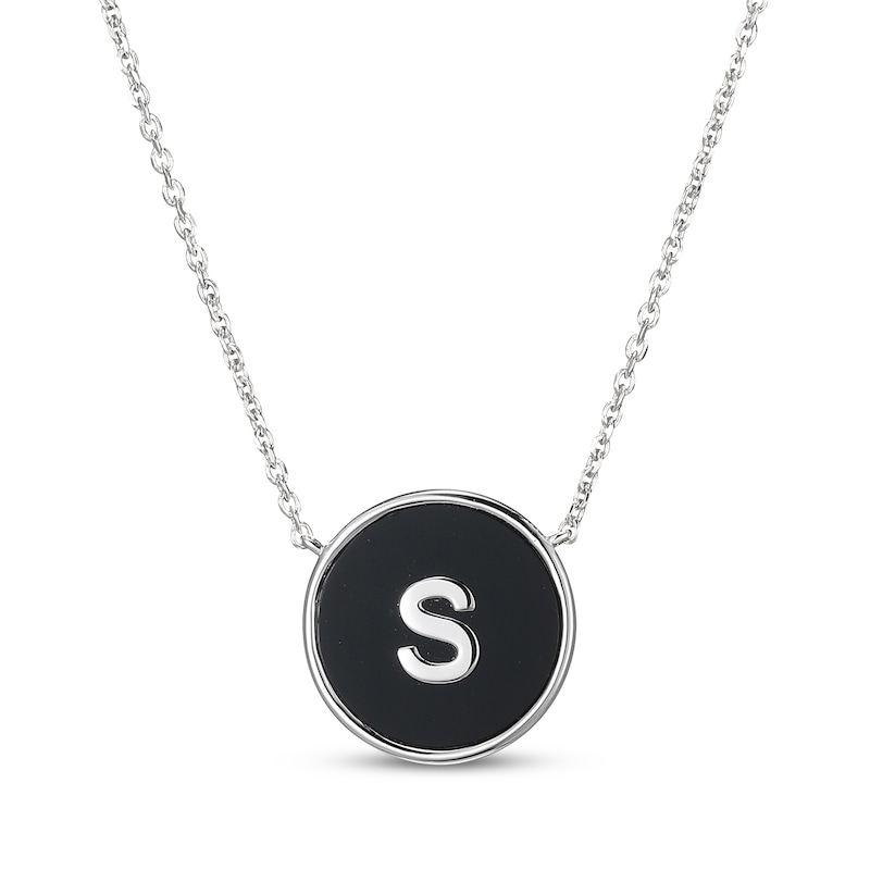 Main Image 1 of Black Agate Letter S Initial Disc Necklace Sterling Silver 18"
