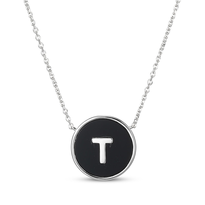 Main Image 1 of Black Agate Letter T Initial Disc Necklace Sterling Silver 18"