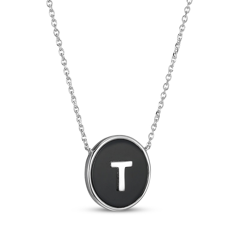 Main Image 2 of Black Agate Letter T Initial Disc Necklace Sterling Silver 18"