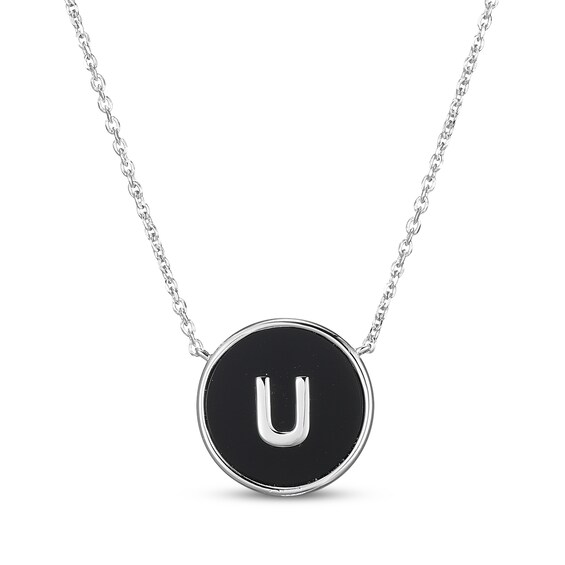 Black Agate Letter U Initial Disc Necklace Sterling Silver 18"