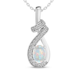 Oval-Cut Lab-Created Opal & White Lab-Created Sapphire Swirl Necklace Sterling Silver 18"
