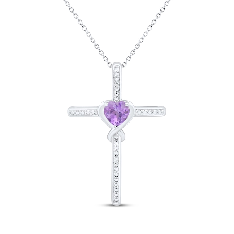 Main Image 1 of Heart-Shaped Amethyst & White Lab-Created Sapphire Cross Necklace Sterling Silver 18"