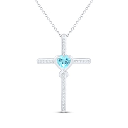 Heart-Shaped Swiss Blue Topaz & White Lab-Created Sapphire Cross Necklace Sterling Silver 18"