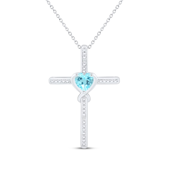 Heart-Shaped Swiss Blue Topaz & White Lab-Created Sapphire Cross Necklace Sterling Silver 18"
