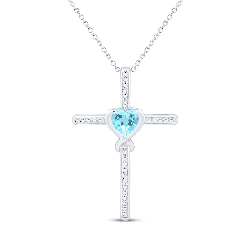 Main Image 1 of Heart-Shaped Swiss Blue Topaz & White Lab-Created Sapphire Cross Necklace Sterling Silver 18"