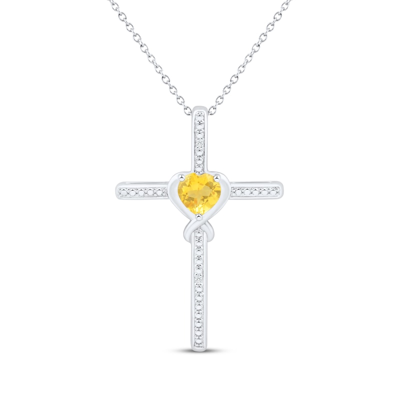 Main Image 1 of Heart-Shaped Citrine & White Lab-Created Sapphire Cross Necklace Sterling Silver 18"