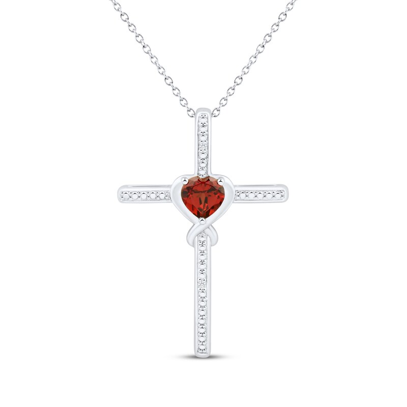 Main Image 1 of Heart-Shaped Garnet & White Lab-Created Sapphire Cross Necklace Sterling Silver 18&quot;