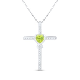 Heart-Shaped Peridot & White Lab-Created Sapphire Cross Necklace Sterling Silver 18"