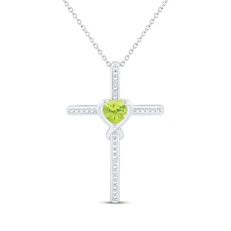 Main Image 1 of Heart-Shaped Peridot & White Lab-Created Sapphire Cross Necklace Sterling Silver 18"