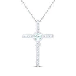 Heart-Shaped Aquamarine & White Lab-Created Sapphire Cross Necklace Sterling Silver 18"