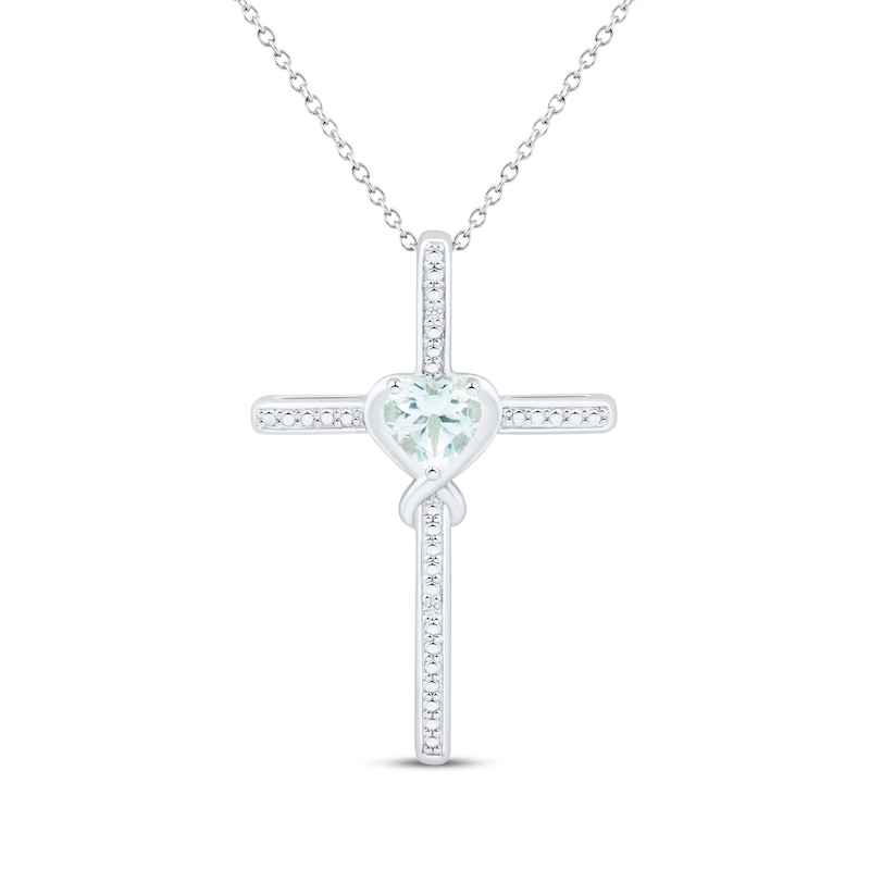 Main Image 1 of Heart-Shaped Aquamarine & White Lab-Created Sapphire Cross Necklace Sterling Silver 18&quot;