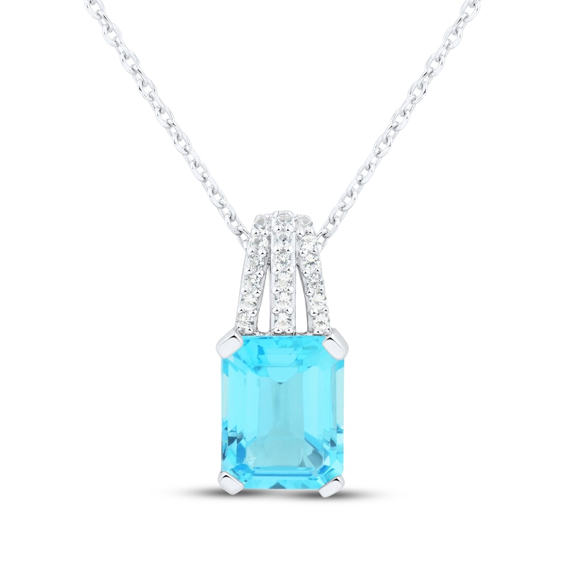 Main Image 1 of Emerald-Cut Swiss Blue Topaz & White Lab-Created Sapphire Necklace Sterling Silver 18"