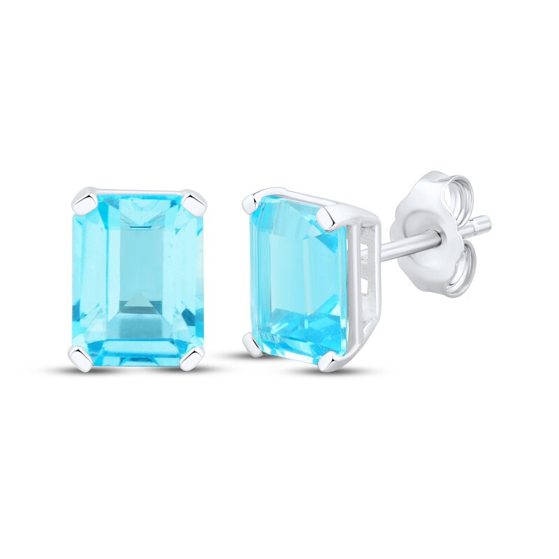 Main Image 1 of Emerald-Cut Swiss Blue Topaz Stud Earrings Sterling Silver