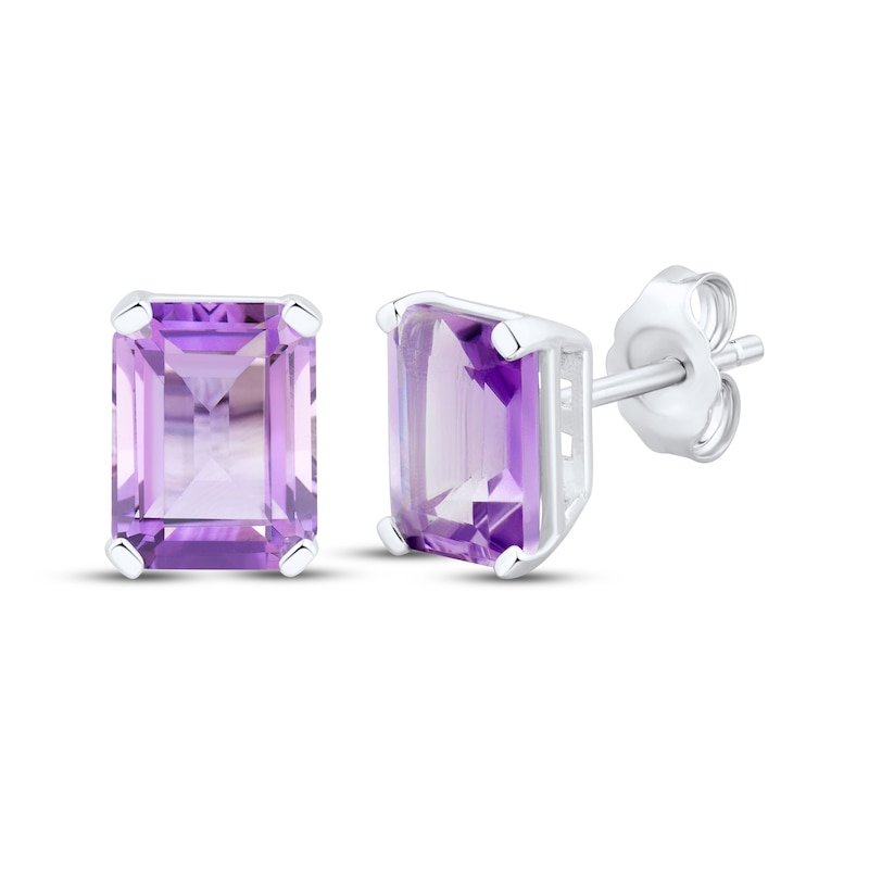 Main Image 1 of Emerald-Cut Amethyst Stud Earrings Sterling Silver